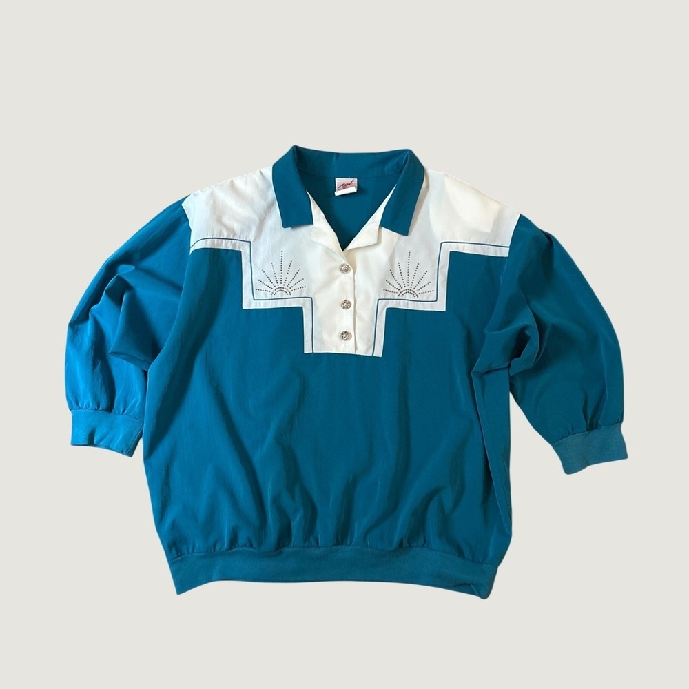 GW Blouse Women XL Teal White Western Rhinestone Retro Top SIZE XL